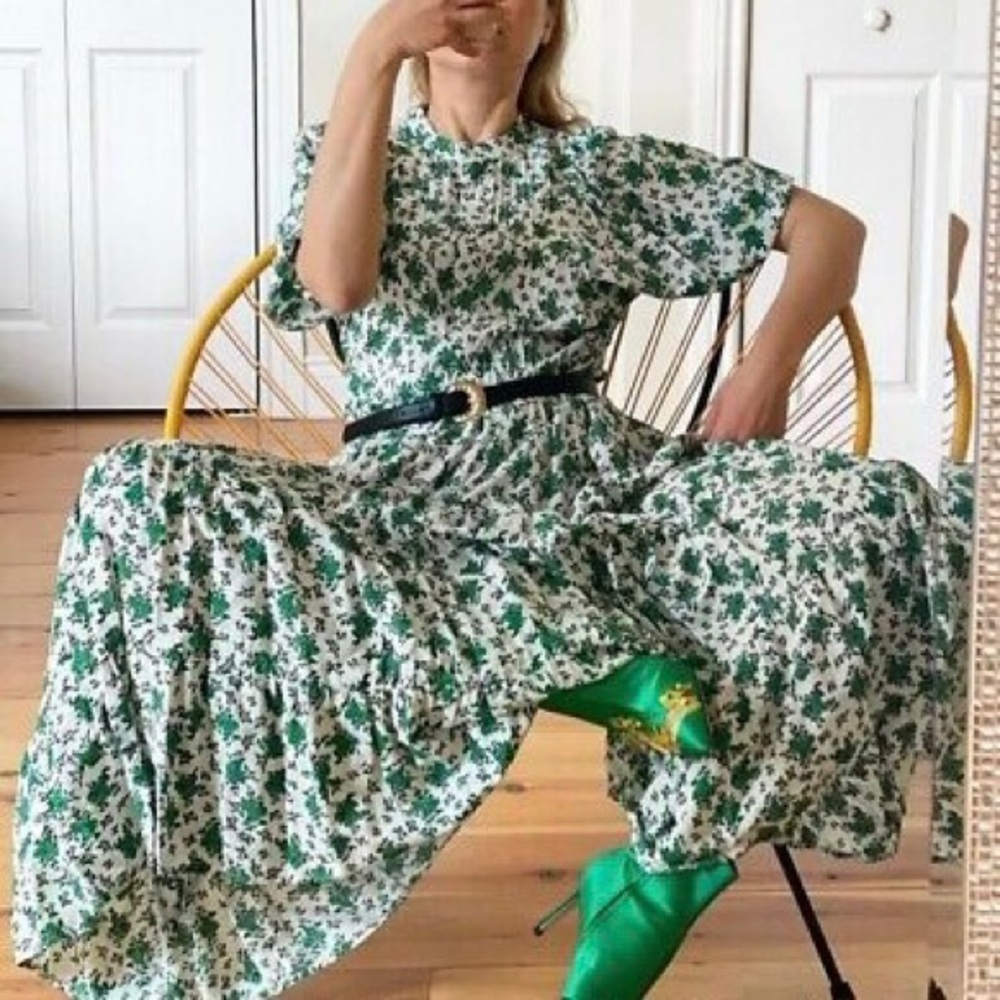 ZARA Floral Print Puff Sleeve Maxi Dress Green White Blogger Fav M Cottagecore